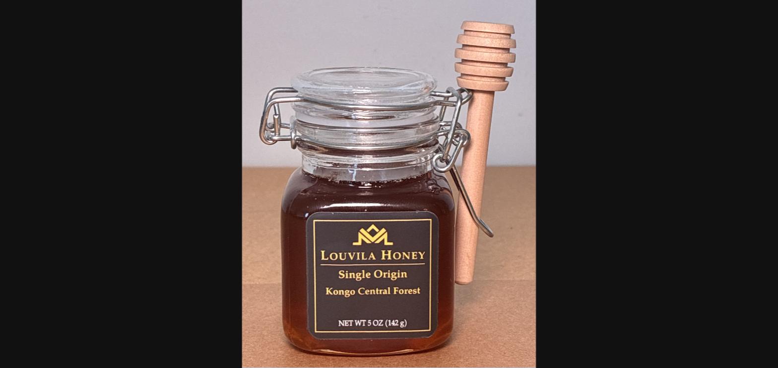 Louvila Honey, Inkisi Valley Harvest 2026, 5 oz jar with its wooden dipper