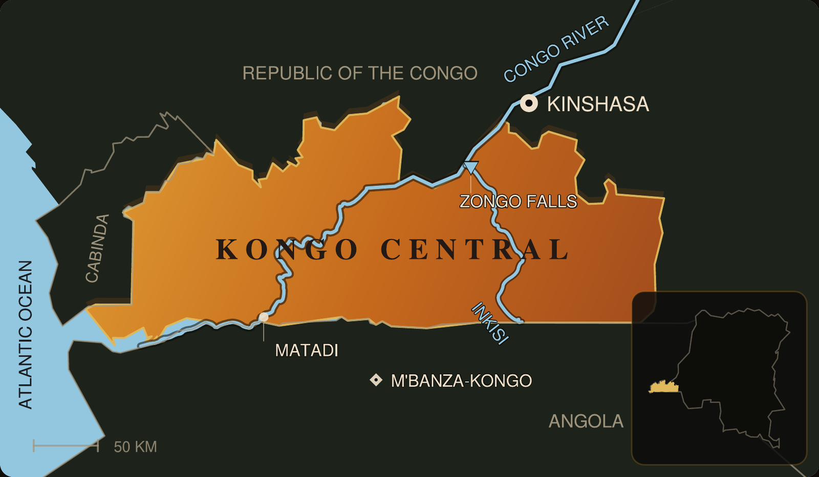 Map of Kongo Central, Democratic Republic of Congo, with the Congo River, the Inkisi river and Zongo Falls